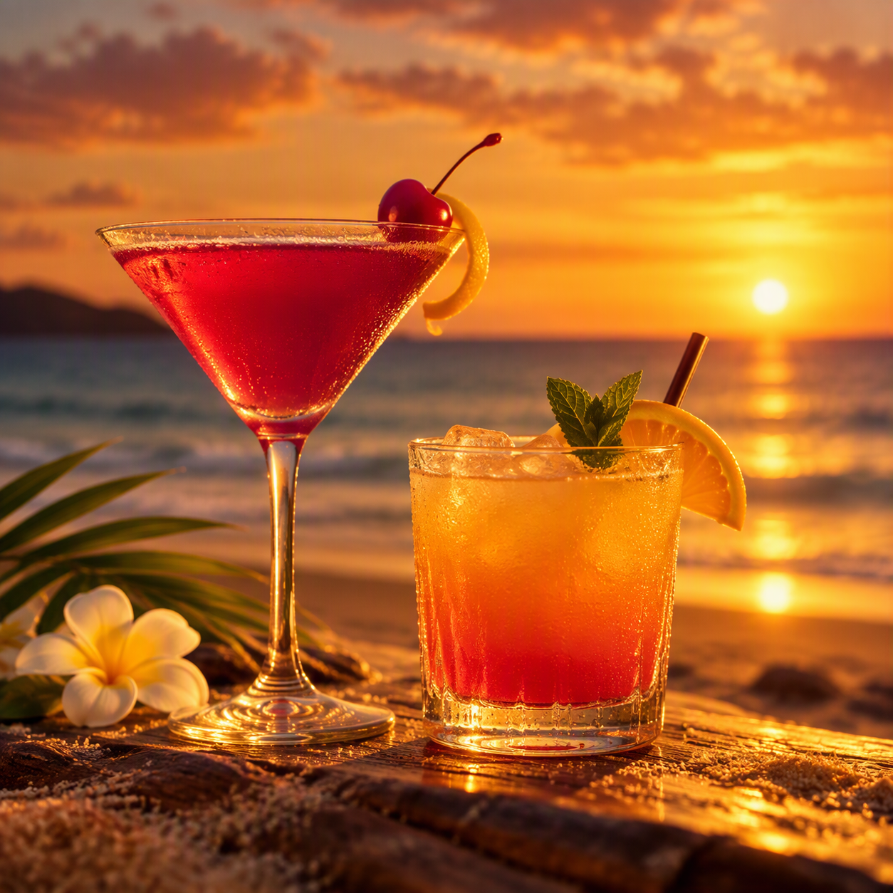 Two cocktails beside the sea at golden sunset